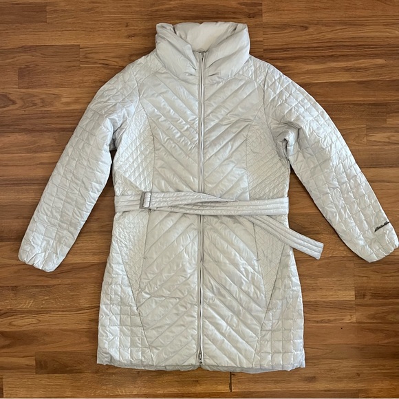 Eddie Bauer Women’s Large Trinity Down Parka Light Gray Quilted Puffer Coat